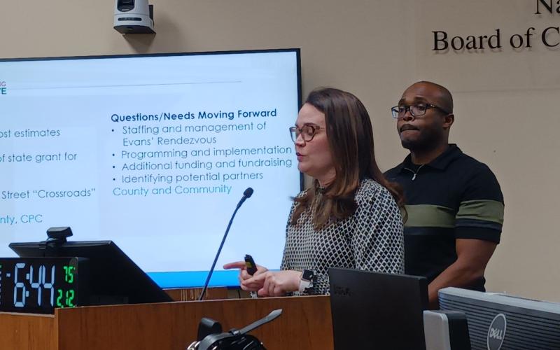Consultants Adrienne Burke and Ennis Davis update the board on conceptual plans generated from citizen input on restoration of the Rendezvous. Photo by Pam Bushnell/News-Leader