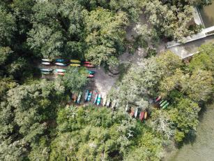 Aerial view of kayak storage and boat ramp at the Walker’s Landing complex in Amelia Island Plantation.