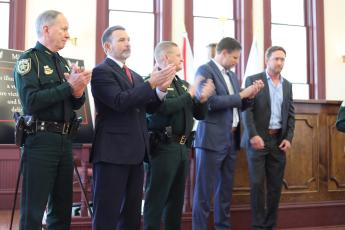 Nassau County Sheriff Bill Leeper, far left, applauds the announcement of the INTERCEPT Task Force along with other agency heads involved. Submitted photo