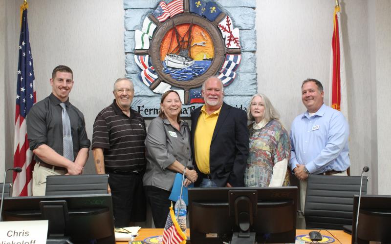 City Commission candidates that participated in a forum hosted by the Fernandina Beach Golf Course Advisory Board included, from left, James Antun, Mike Lednovich, Genece Minshew, Chris Nickoloff, Staci McMonagle and Darron Ayscue. Photo by Julia Roberts/News-Leader.