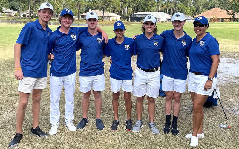 The Fernandina Beach High School boys golf team, which includes, from left, Tanner Millar, Decah McDaniel, Sean Benjamin, Brady Steffen, Noah Reynolds and Colby Albert with coach Christina Steffen, at the Region 1-2A tournament Tuesday. Submitted photo.