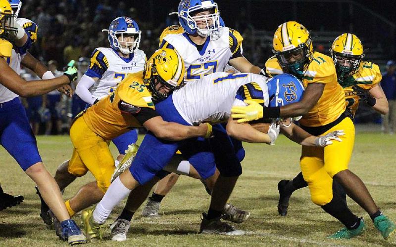 The Fernandina Beach and Yulee high schools’ football teams, pictured in action last season, kick off the 2023 season tonight with preseason Kickoff Classics at home. The FBHS Pirates host Hilliard, and the YHS Hornets are at home with Englewood. Kickoff is at 7 p.m. for both games. Photo by Beth Jones/News-Leader