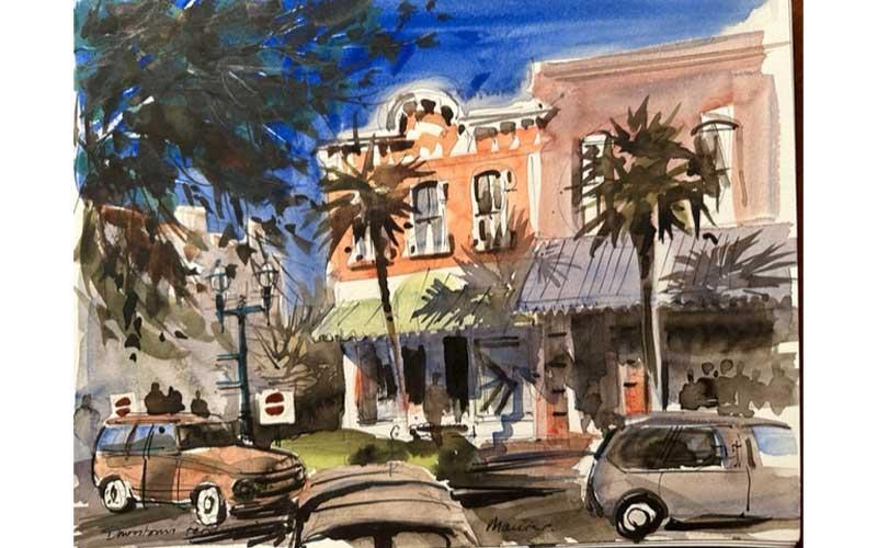 Watercolor of Centre Street by William Robert Maurer Jr.  Photo courtesy of Jennean Veale