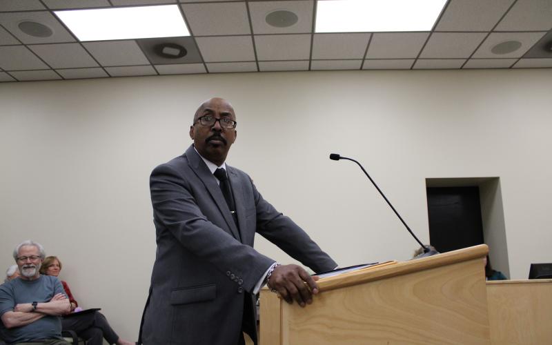 Local activist Rev. Bernard Thompson came before the Nassau County School Board to bring attention to the questionable circumstances surrounding two Black male Nassau County middle school students. Photo by Tracy McCormick-Dishman/News-Leader
