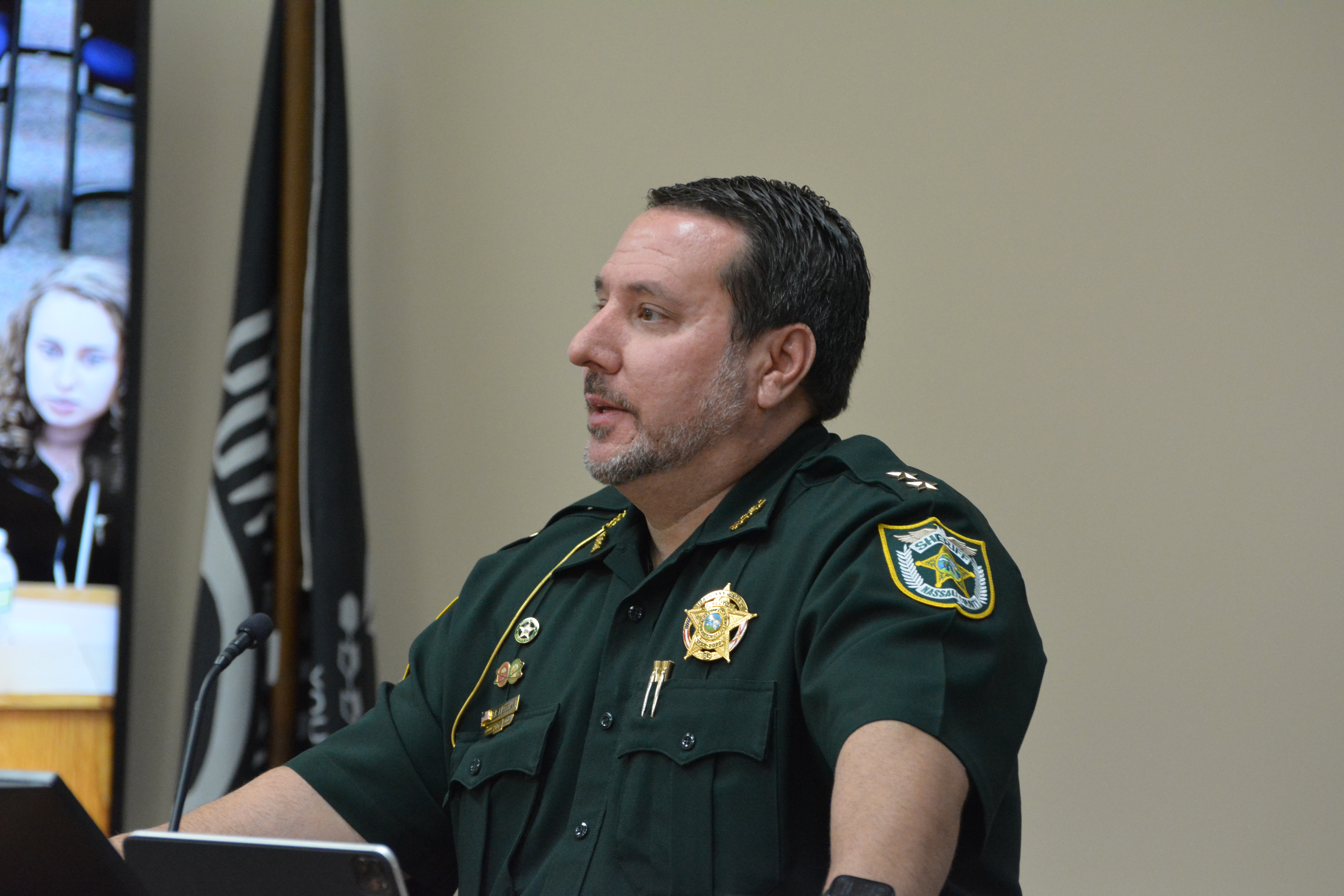 Bobby Lippelman from the Nassau County Sheriffs Office addresses the Nassau County Board of County Commissioners on updates to Tropical Storm Nicole.