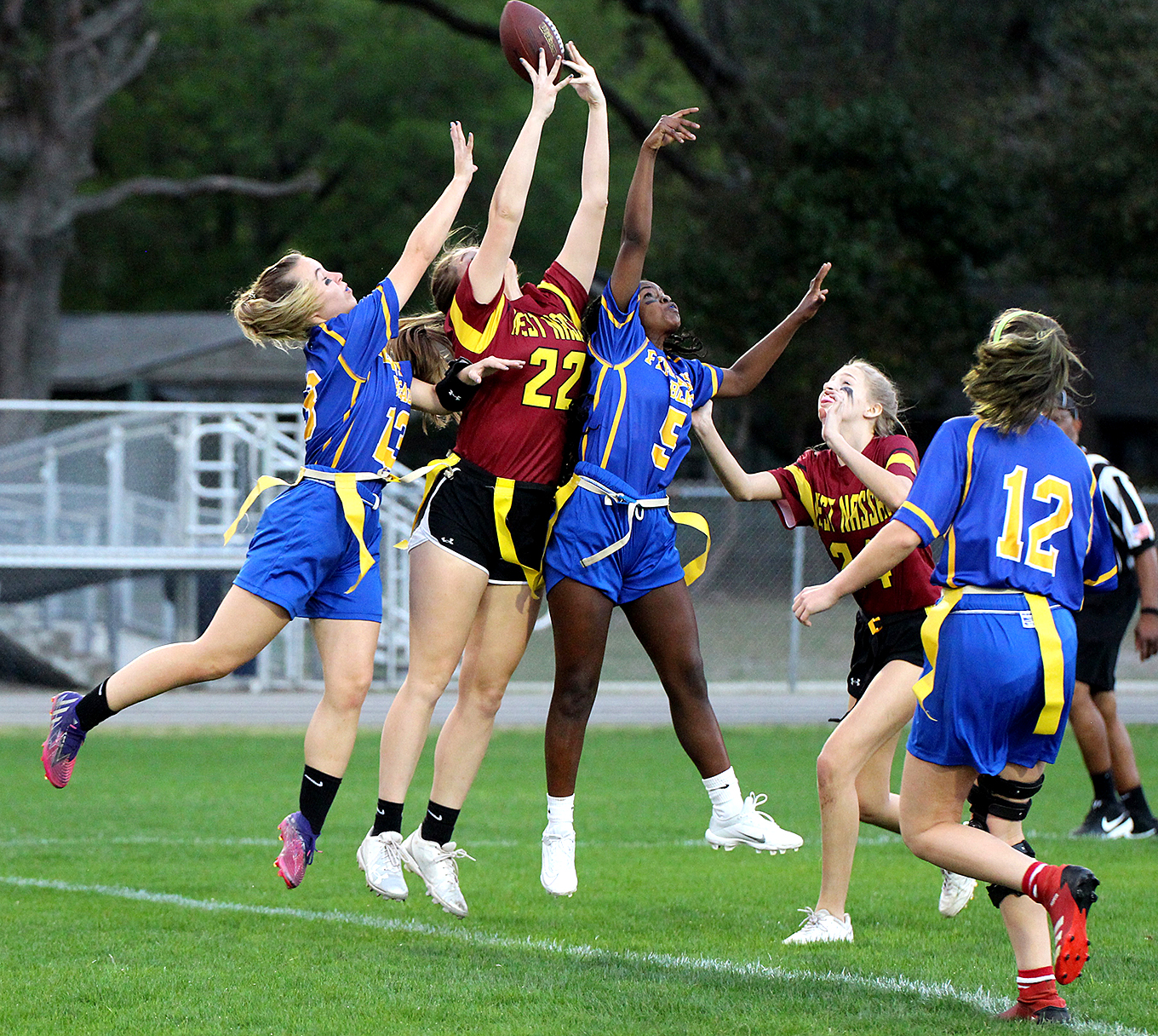 The Lady Pirates hosted the Lady Warriors Thursday to kick off the FHSAA’s inaugural girls flag football season. FBHS plays at Baker Thursday. Photo by Beth Jones/News-Leader