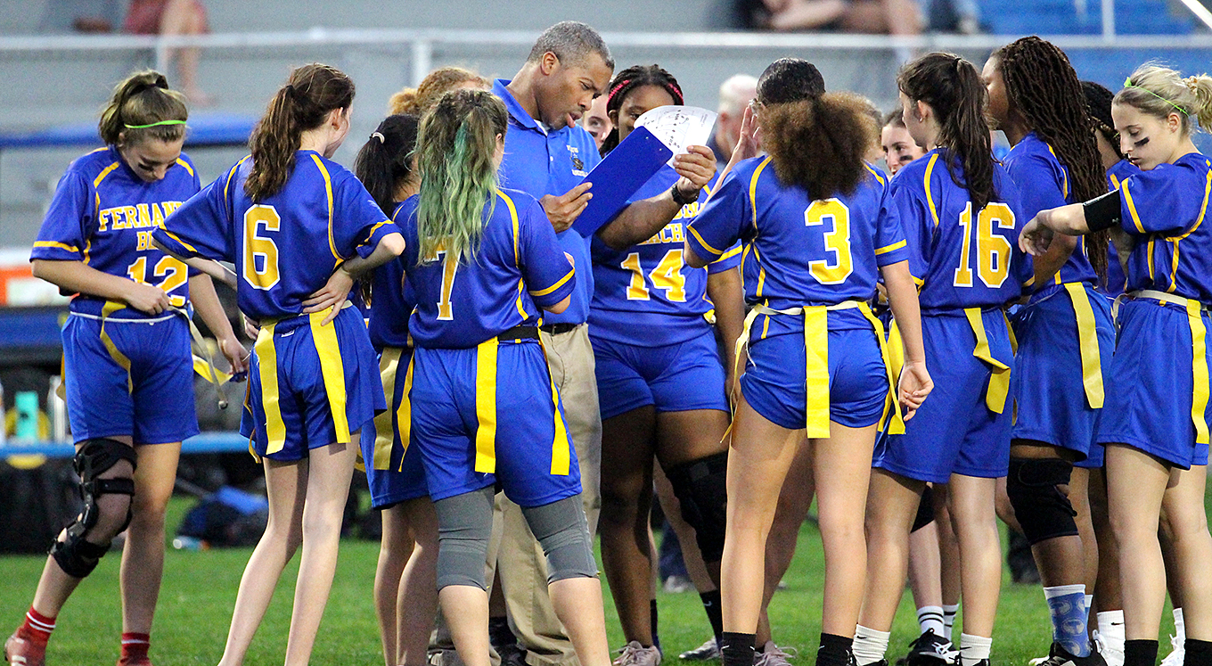 The Lady Pirates hosted the Lady Warriors Thursday to kick off the FHSAA’s inaugural girls flag football season. FBHS plays at Baker Thursday. Photo by Beth Jones/News-Leader