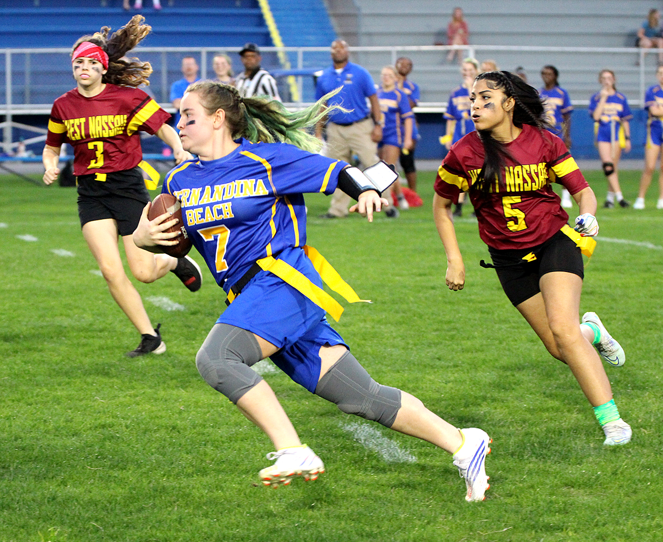 The Lady Pirates hosted the Lady Warriors Thursday to kick off the FHSAA’s inaugural girls flag football season. FBHS plays at Baker Thursday. Photo by Beth Jones/News-Leader