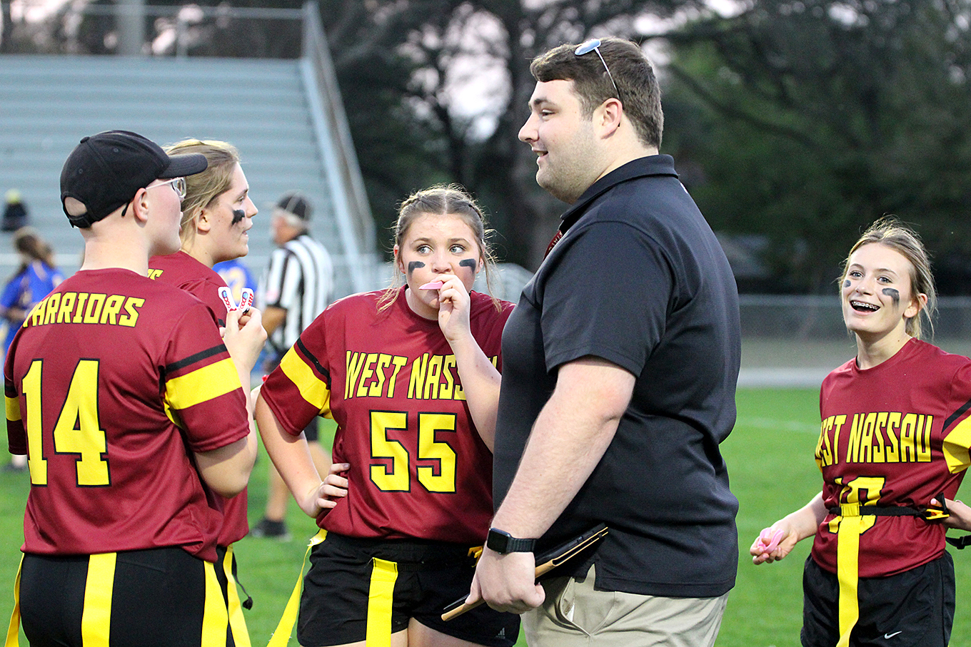 The Lady Pirates hosted the Lady Warriors Thursday to kick off the FHSAA’s inaugural girls flag football season. FBHS plays at Baker Thursday. Photo by Beth Jones/News-Leader