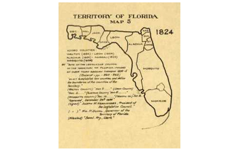 Nassau County was carved out of Duval County in 1824.  As shown in this map, the county had different boundaries than it does today. The population of the county at the time was described by one writer as “1,200 pioneers.” Submitted
