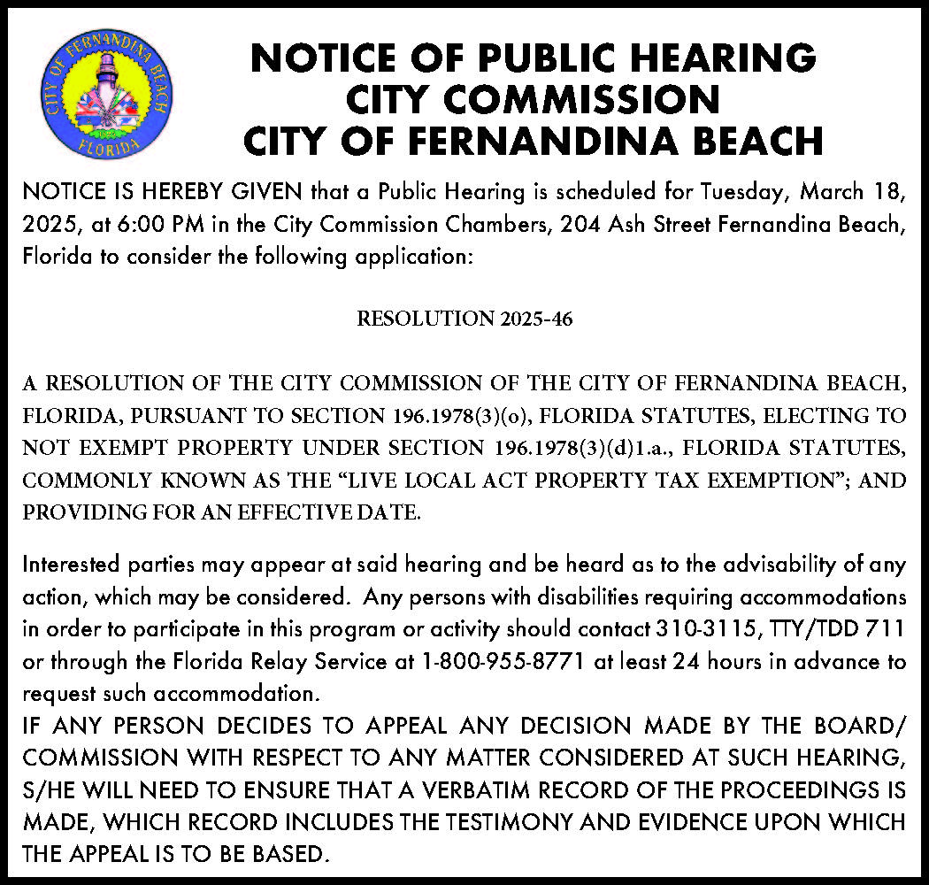 NOTICE OF PUBLIC HEARING CITY COMMISSION CITY OF FERNANDINA BEACH
