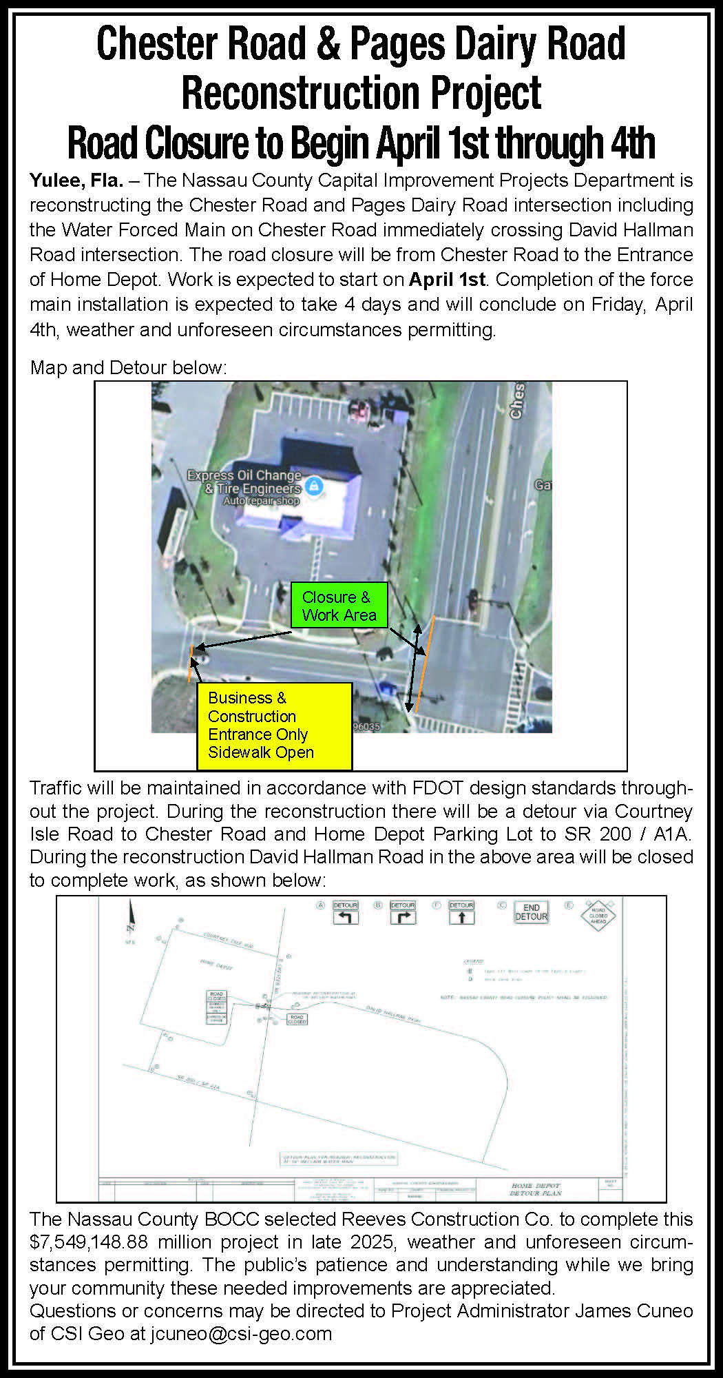 Chester Road & Pages Dairy Road Reconstruction Project Road Closure to Begin April 1st through 4th