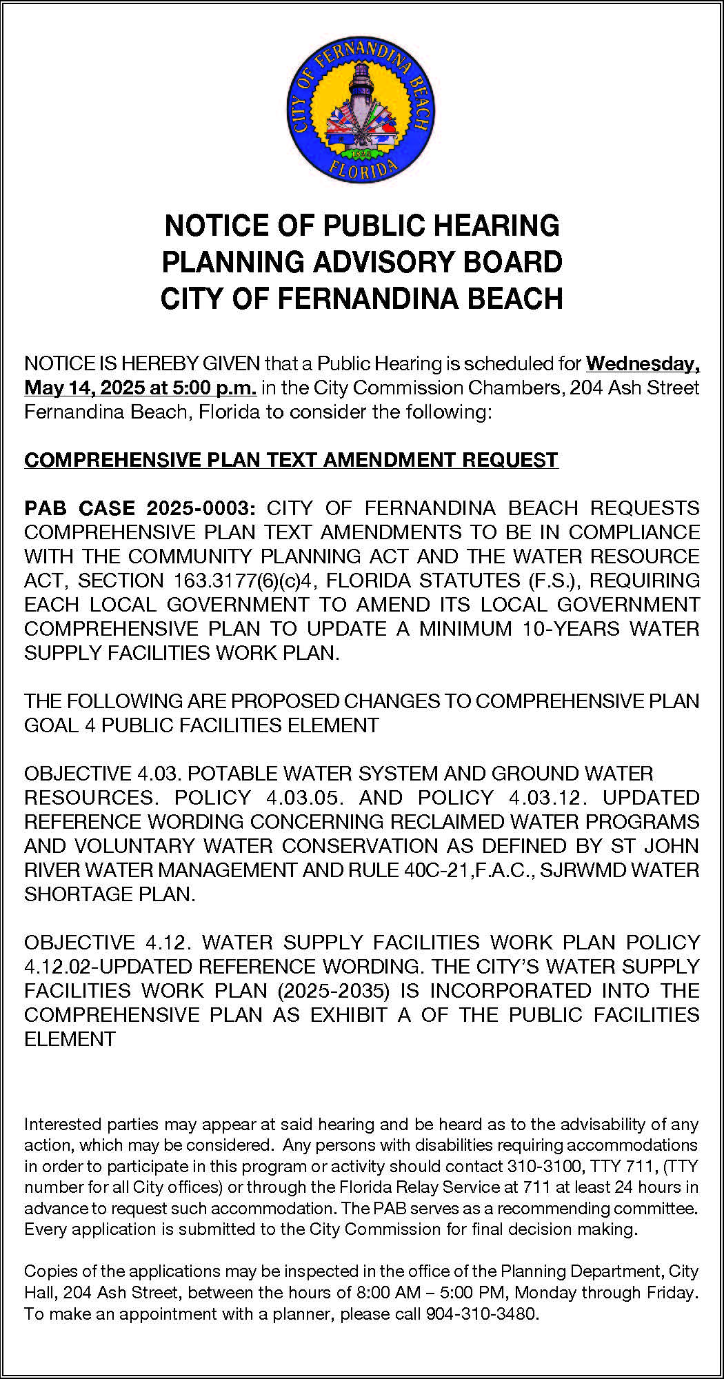 NOTICE OF PUBLIC HEARING PLANNING ADVISORY BOARD CITY OF FERNANDINA BEACH