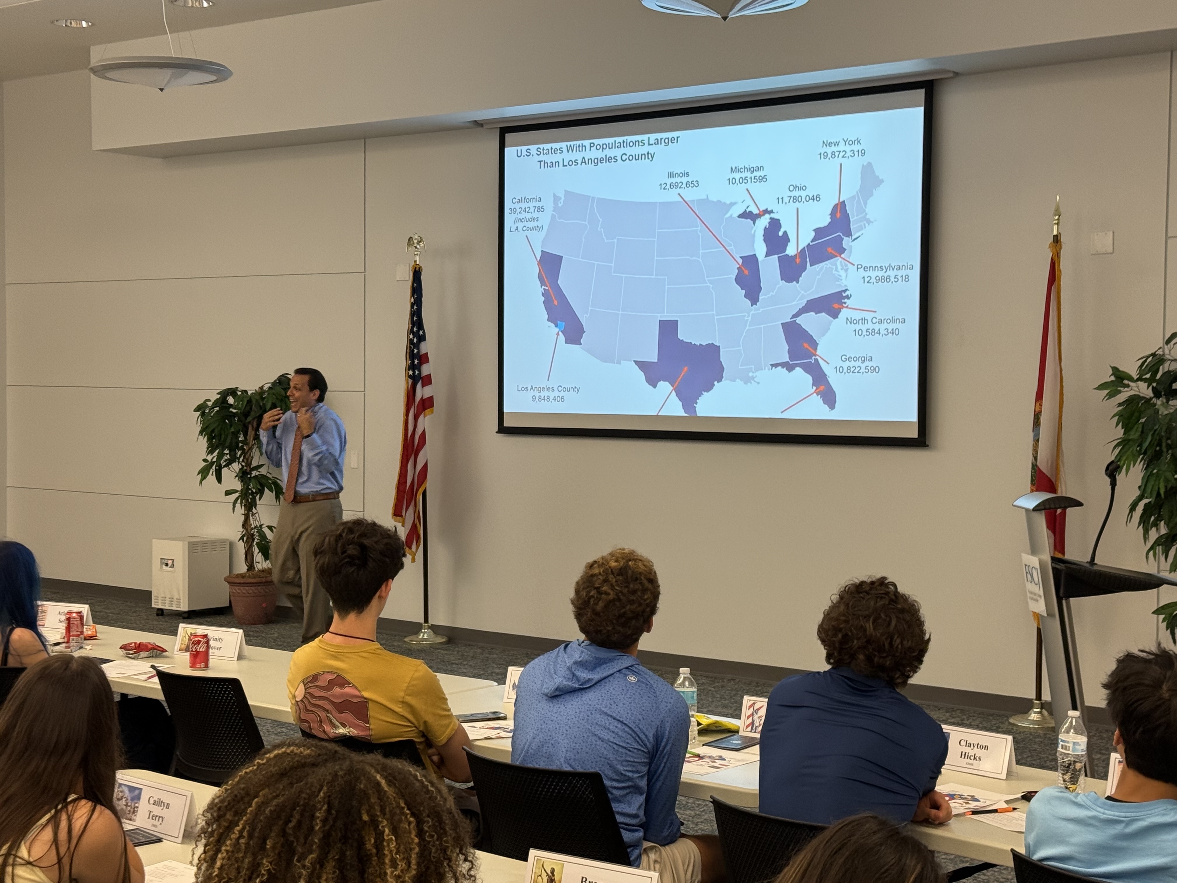 Fifth District Court of Appeal Judge Adrian Soud speaks to students about the founding principles of the U.S. Monday.