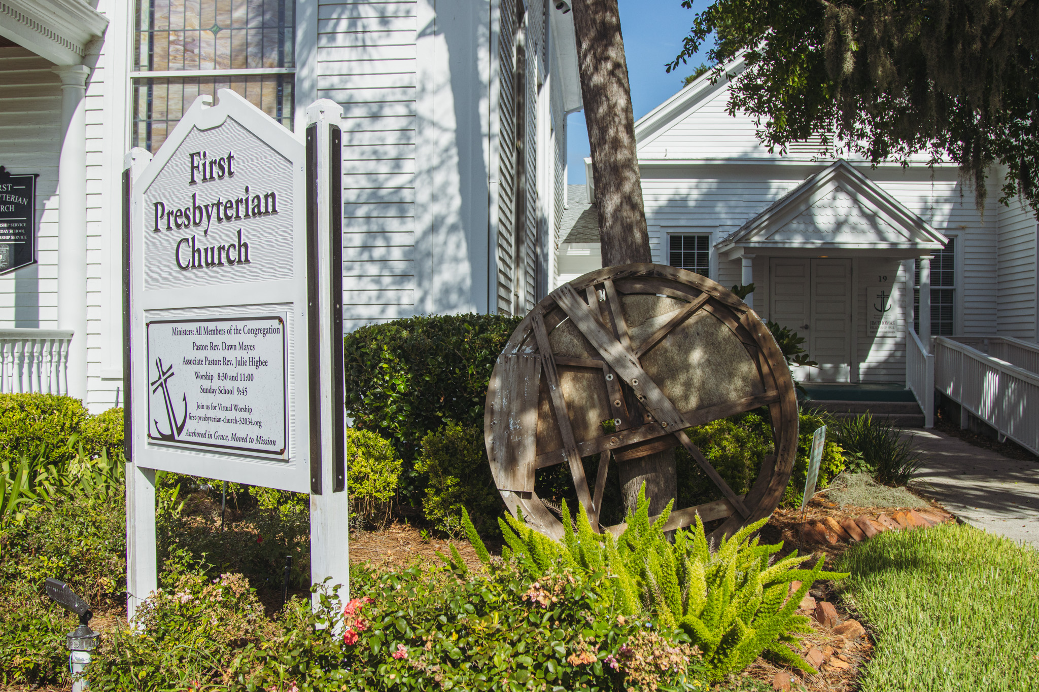 The old bell wheel was on display outside First Presbyterian Church on Tuesday. Photo by Ashley Chandler/News-Leader