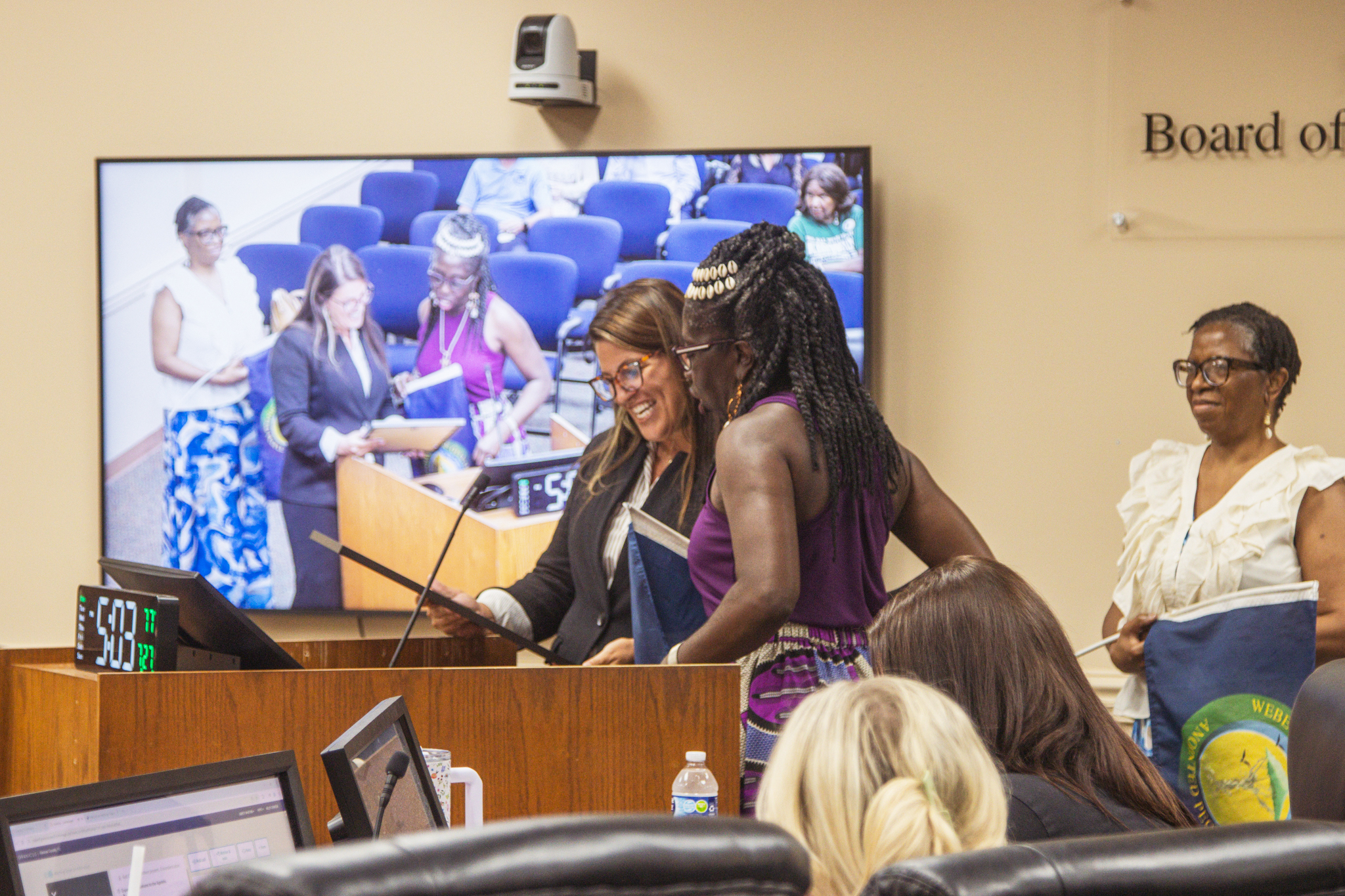 Commissioner Alyson McCullough and Chieftess of the Gullah/Geechee Nation Queen Quet together read the proclamation designating this week as Gullah/Geechee Appreciation week in the county. Photo by Ashley Chandler/News-Leader