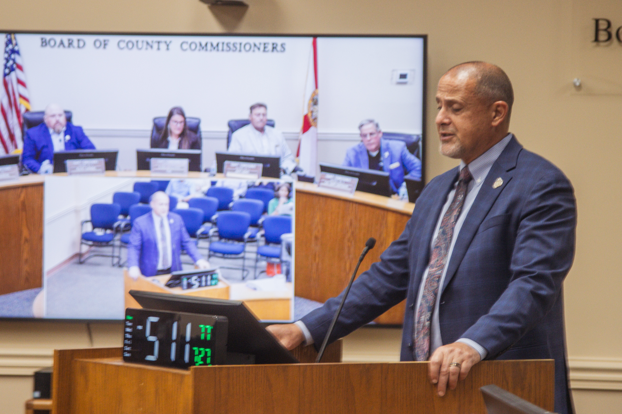 Assistant County Manager Marshall Eyerman speaks at the July 27 Board of County Commissioners meeting. Photo by Ashley Chandler/News-Leader
