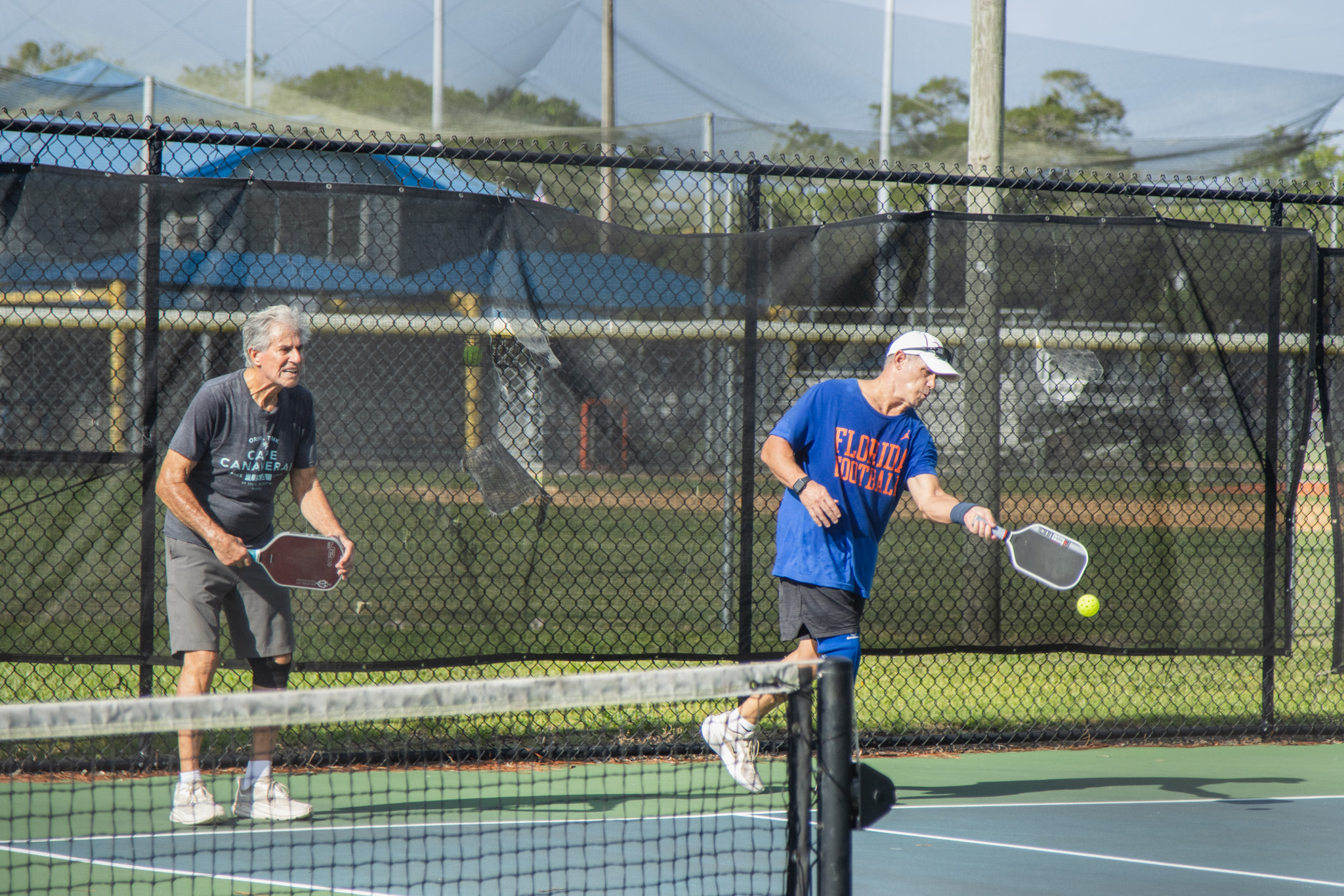 Pickleball players compete at the Fernandina Beach Central Park pickleball courts on Tuesday. Photo by Ashley Chandler/News-Leader