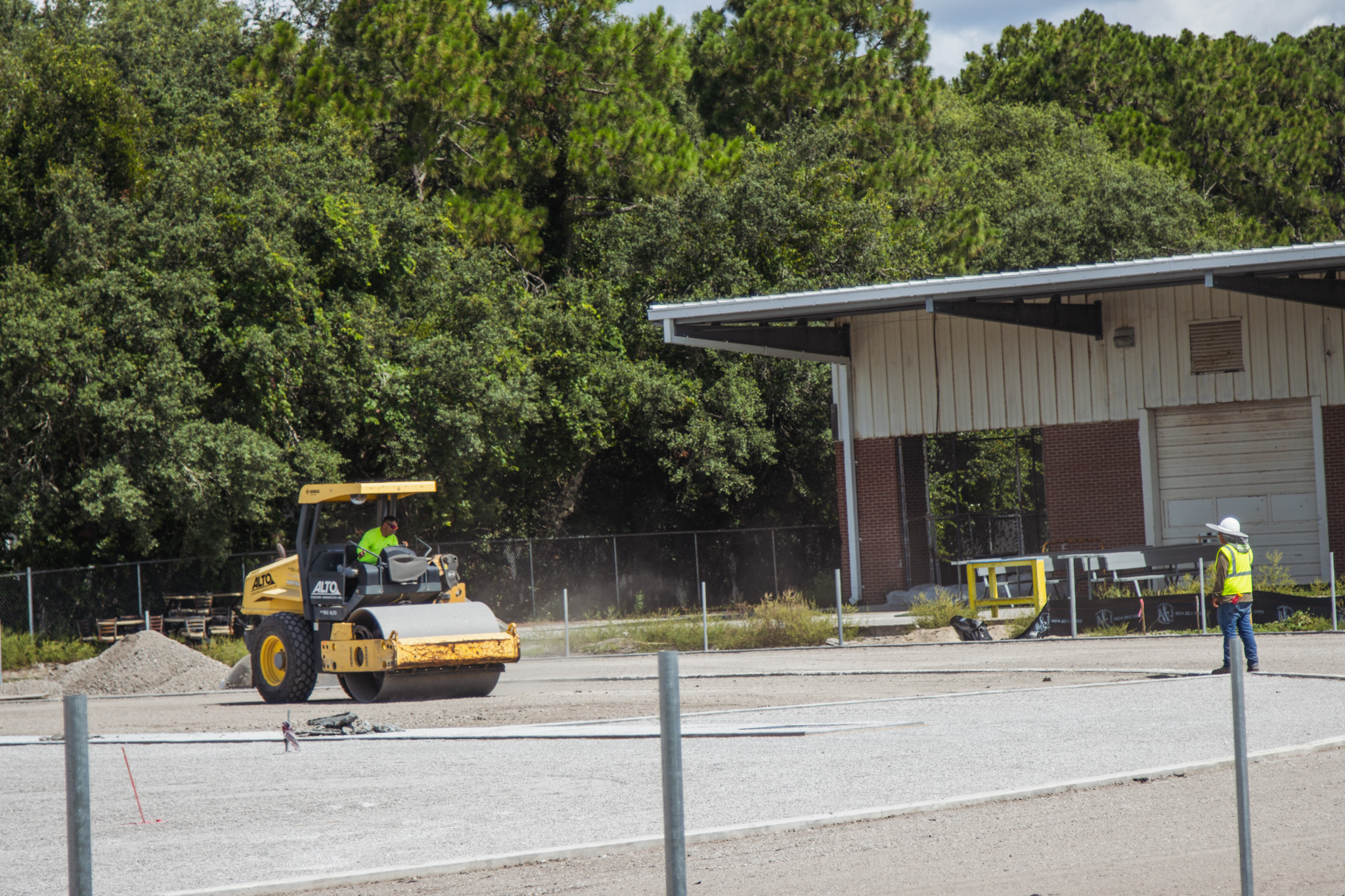 Construction of the Fernandina Beach High School stadium is nearing completion. Work continued Tuesday on the track, field and concession stand. Photo by Ashley Chandler/News-Leader