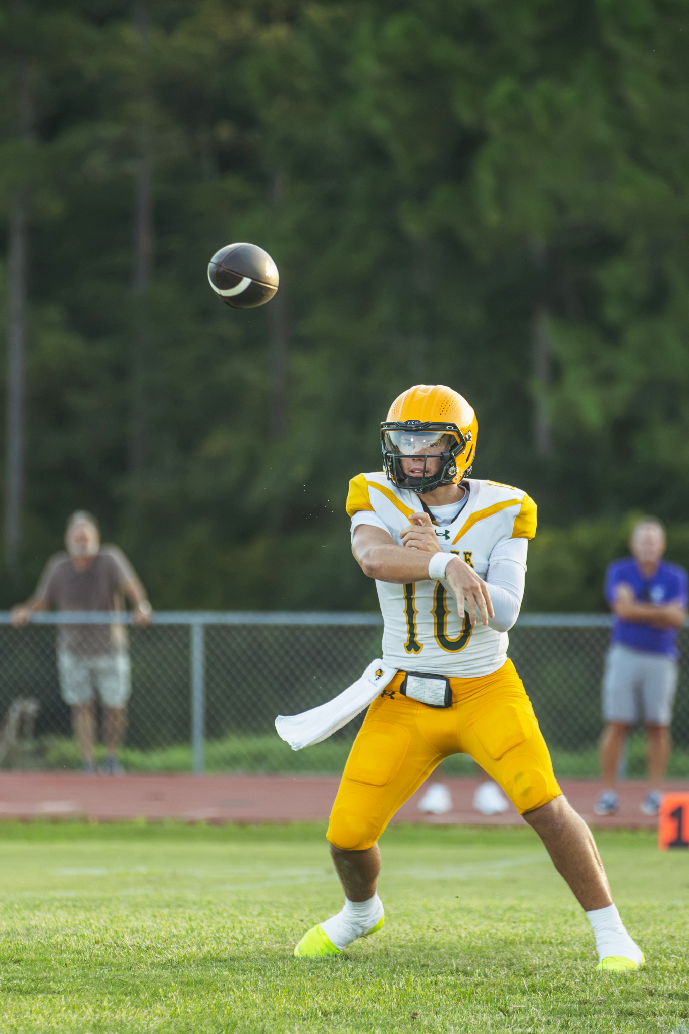 Yulee High School’s freshman quarterback Liam Hice-Jones connects a pass in the Hornets preseason game. Photo by Ashley Chandler/News-Leader