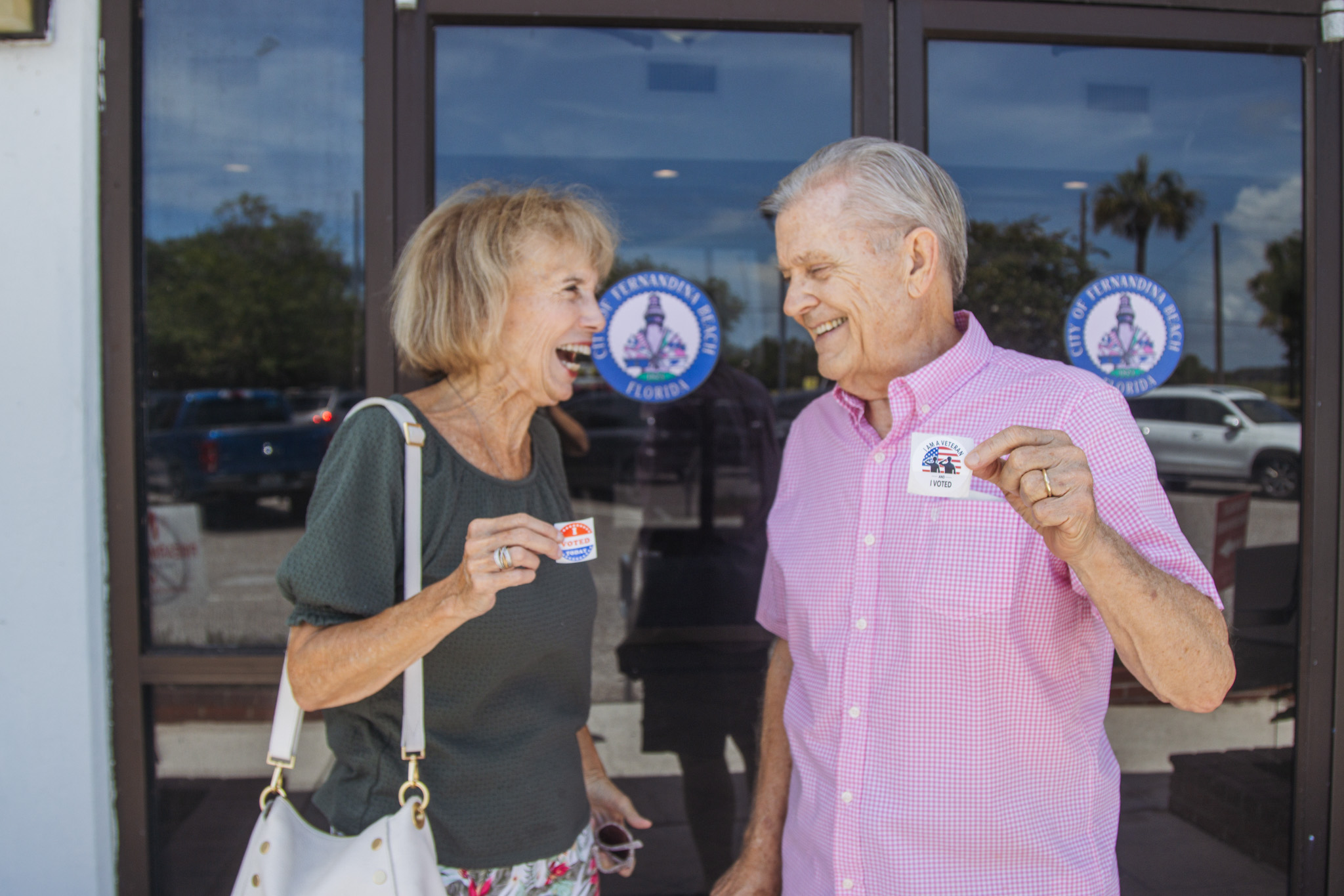 Nassau County residents Helen and James Hylton show off their stickers after turning in their early vote Thursday at the Atlantic Recreation Center in Fernandina Beach. Photo by Ashley Chandler/News-Leader