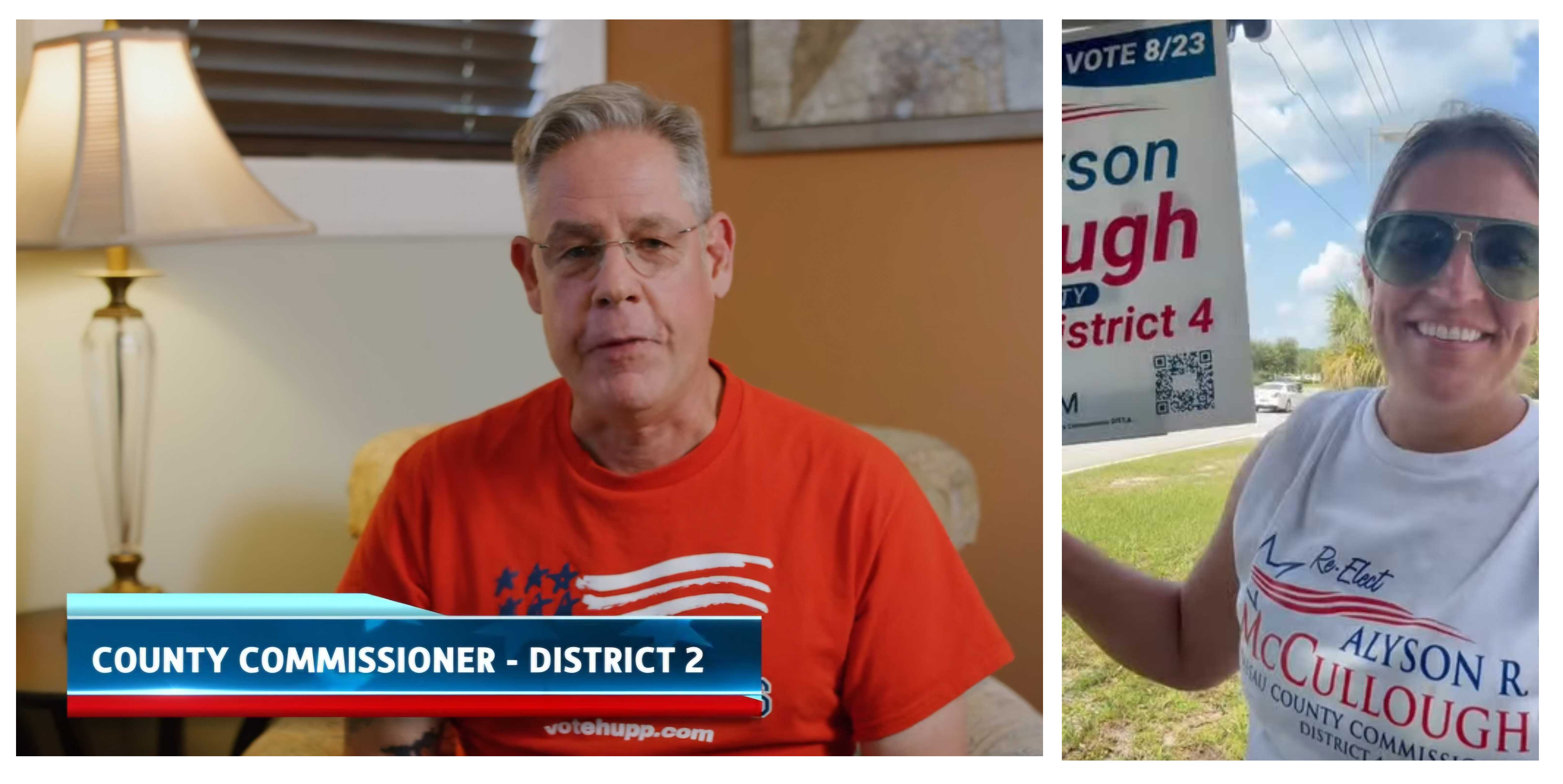 District Two Commissioner A.M. "Hupp" Huppmann and District Four Commissioner Alyson McCullough have another four years ahead on the Nassau County Board of County Commissioners. Images from screenshots of political advertising videos