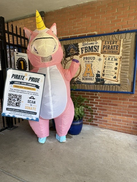 One FBHS parent, Stephanie Lunt, has been dressing up on Fridays to support the FBMS PTO annual fundraiser, the Pirate Pride Annual Giving Campaign. She has dressed up as Shrek, a dinosaur, a unicorn and a donkey. Submitted photo