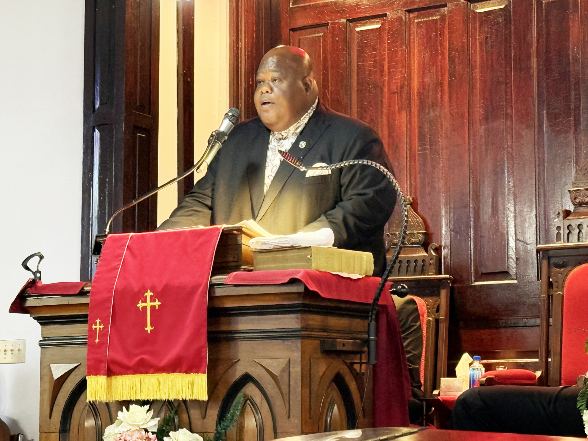 First Missionary Baptist Rev. Dr. Darien K. Bolden Sr. led a gathering Tuesday at the church to discuss an incident that occurred at an FBHS volleyball game last week involving a Black baby doll. Photo by Nick Blank/News-Leader