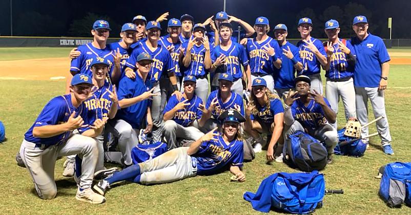 The Fernandina Beach High School baseball team celebrates its win over Trinity Catholic Saturday in the region semifinal matchup. 