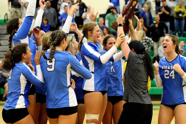 The Fernandina Beach High School volleyball team celebrate its second district title in a row Thursday night, beating host Yulee 3-0 in the championship game. The FBHS Lady Pirates advanced to the region playoffs and hosted Beachside High Tuesday in a region quarterfinal match. Photos by Beth Jones/News-Leader.