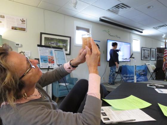 Those who attended Wednesday’s meeting had the chance to hold a small bottle of copepods. North Atlantic right whales need 3,000 pounds of copepods every day to stay nourished.
