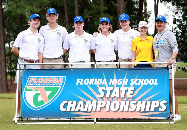 Representing Fernandina Beach High School at the golf state championships were, from left, Decah McDaniel, Tanner Millar, Sean Benjamin, Noah Reynolds, Colby Albert, Sady Campbell and coach Christina Steffen. 
