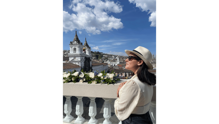 Maria Pinto sporting one of her hats in Quito, the capital of Ecuador.