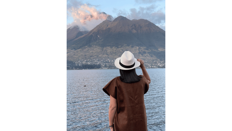 Maria Pinto wearing a Mindo Hat in Otavalo, Ecuador where the Pinto family is from.