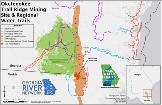 Photo courtesy of Georgia River Network This map shows how Trail Ridge acts as a barrier for the Okefenokee Swamp. Any mining done on the Ridge could potentially affect the flow of the St. Marys River.