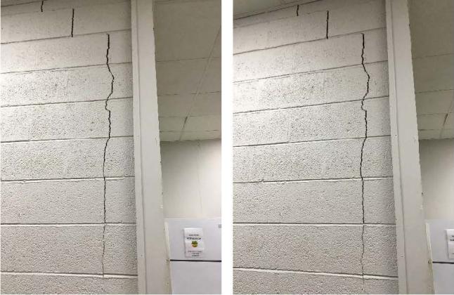 Auditorium kitchen area with cracks concrete masonry units. Submitted photo