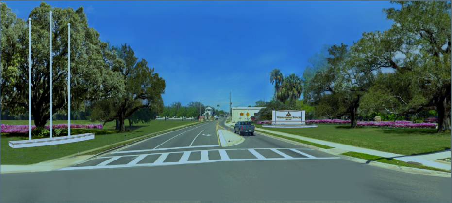 The intersection of 8th and Lime streets, which welcomes locals and visitors to Fernandina Beach, will change dramatically in the coming months, while the familiar blue sign will remain. Courtesy Fernandina Beach Main Street 