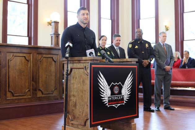 NFL star and Tim Tebow Foundation Chairman Tim Tebow addresses the crowd at a press conference introducing the INTERCEPT Task Force, which is funded in part by the foundation. Submitted photo