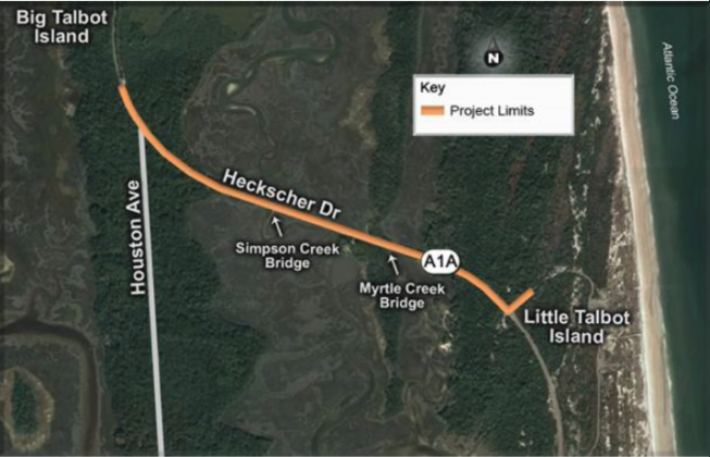 The 1.5-mile stretch currently being completed is shown above. It stretches from Big Talbot Island just north of Houston Avenue and reaches the entrance to Little Talbot Island State Park.  Map courtesy of Florida Department of Transportation