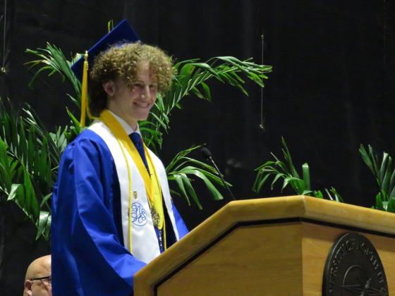 One of two salutatorians at Fernandina Beach High School Max Pattillo addressed the crowd following his fellow salutatorian Amelia Cutshaw. Penny Glackin/Holly Dorman/News-Leader 