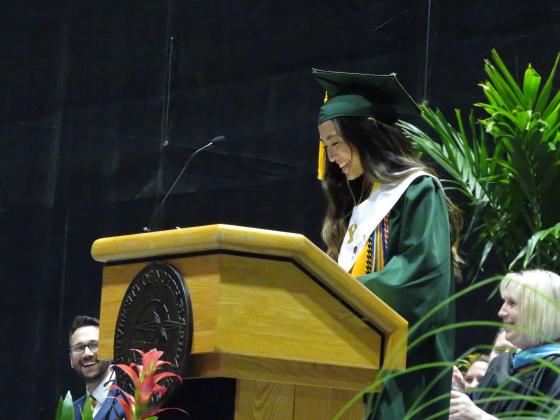 Yulee High School salutatorian Tristny Ta joked she had come in as the first-place loser at commencement before going on to thank her teachers, family and peers for their love and support.  Holly Dorman/News-Leader