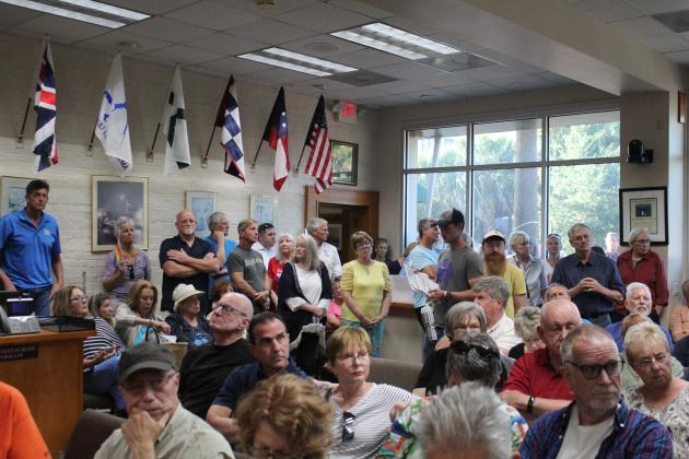 People both for and against holding a Pride event in Central Park filled and overflowed Fernandina Beach City Hall commission chambers. Dozens of people addressed the city commission, but the matter was not discussed by commissioners, who did not respond to speakers.  Photo by Julia Roberts/News-Leader