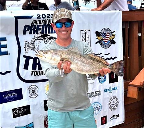 Justin Paulk is pictured with his winning 6-pound-14-ounce sea trout that took first-place honors during the Jacksonville Premier Trout Tournament. Paulk teamed up with Skip Swain for first place. Photo by Terry Lacoss/Special