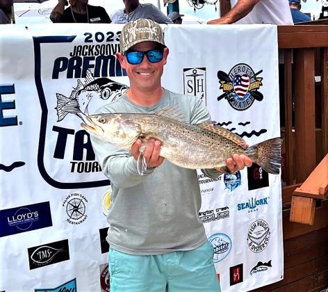Justin Paulk, pictured, teamed up with Skip Swain for first-place honors during the 2023 Jacksonville Premier Trout Tournament. Their big sea trout weighed 6 pounds. Submitted photo