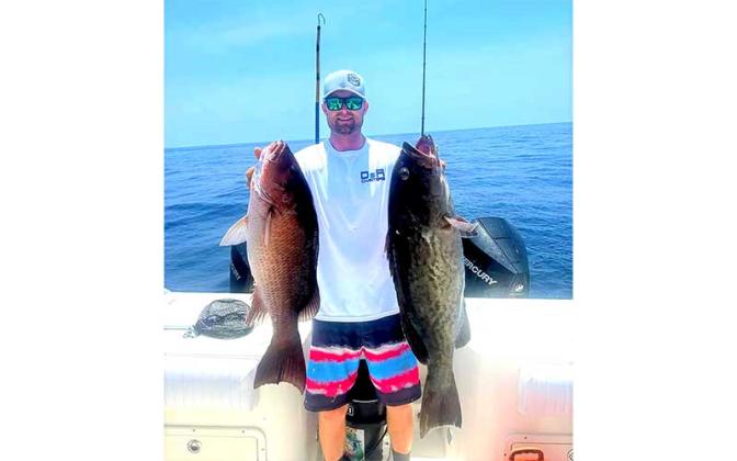 Capt. David Hagins with D &amp; R charters is pictured with a nice mutton snapper and gag grouper. Hagins guides fishing charters offshore of Amelia Island and believes red snapper are over-populating a variety of bottom game fish species. Photo by Terry Lacoss/Special