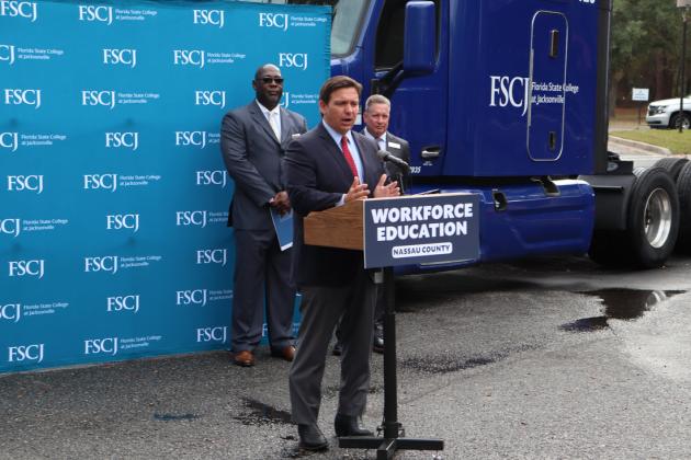 Florida State College at Jacksonville (FSCJ) received a $3,181,791.70 Florida Job Growth Grant from the Florida Department of Economic Opportunity (DEO) and Enterprise Florida to support the Nassau County Transportation Education Institute. Governor Ron DeSantis and DEO Secretary Dane Eagle visited FSCJ’s Nassau Center on Thursday, Dec. 16, 2021, to announce the grant award which will allow the college to establish a designated truck driving training facility at the Nassau Center. Photo courtesy of Florida 