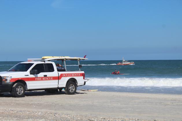 Agencies from Fernandina Beach and Nassau County were on scene near beach access No. 6 Wednesday, where two swimmers were rescued. Emergency responders could not find a third swimmer until Thursday afternoon. Photo by Julia Roberts/News-Leader