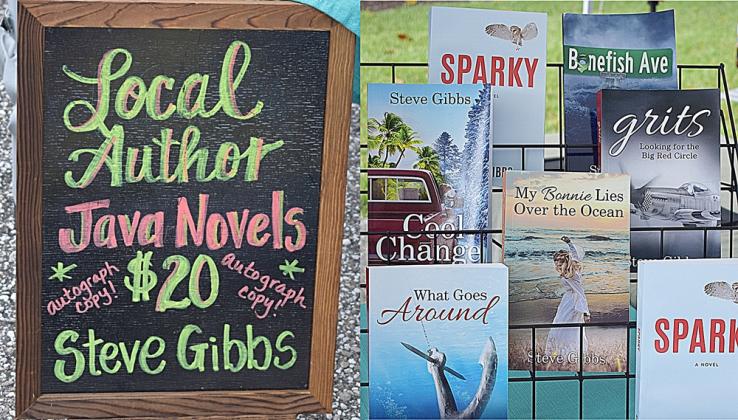 Jen Booth McPhee of Regina Maris Studio, books by author of the Java series, Steve Gibbs, and cute refrigerator magnets that house air plants made by farmers market vendor Sea Shore Terrariums. Photo by Judie Mackie