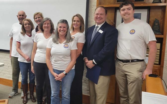 Fernandina 200 committee members, from left, Mike Harrison from the Historic District Council, Julie McAfee Main Street volunteer, Phyllis Davis from the Museum of History, Lisa Finkelstein, Fernandina Beach Main Street executive director, Mary Hamburg, Fernandina Beach Digital Communications manager, Bryan Campbell, representing Congressman Aaron Bean, and Mayor Bradley Bean. Submitted by Julia Roberts