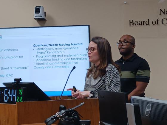Consultants Adrienne Burke and Ennis Davis update the board on conceptual plans generated from citizen input on restoration of the Rendezvous. Photo by Pam Bushnell/News-Leader